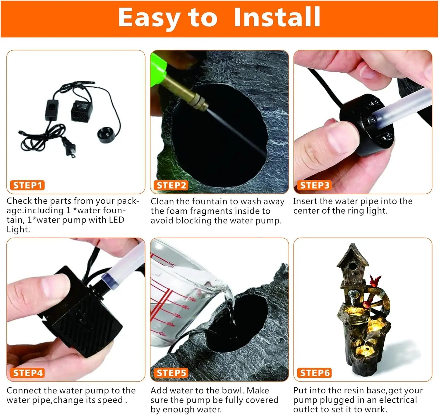 Decorative Garden Birdhouse Three-Tier Water Fountain – Outdoor LED Lighted Fountain with Water Wheel | Elegant Yard & Patio Décor