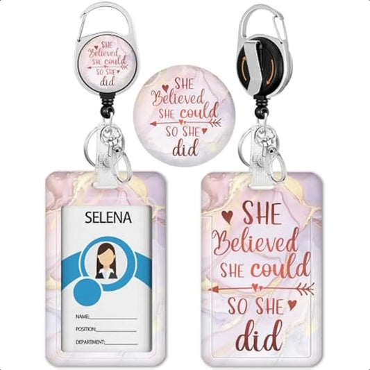 🌟 Women’s Inspirational Badge Holder – Retractable Reel ID Card Holder with Heavy Duty Clip & Vertical Name Tag Design