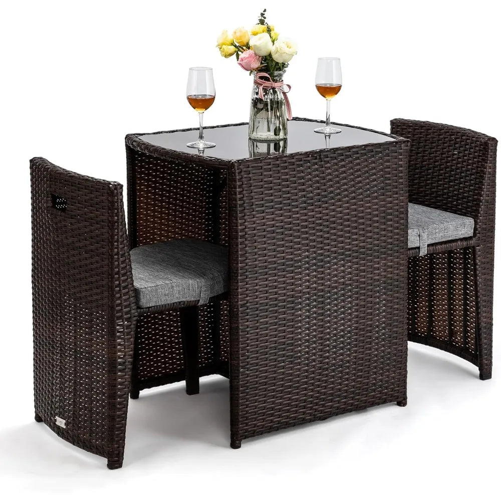 “3-Piece Wicker Patio Bistro Set – Outdoor Furniture with Glass Table & 2 Chairs for Balcony, Garden & Small Spaces”