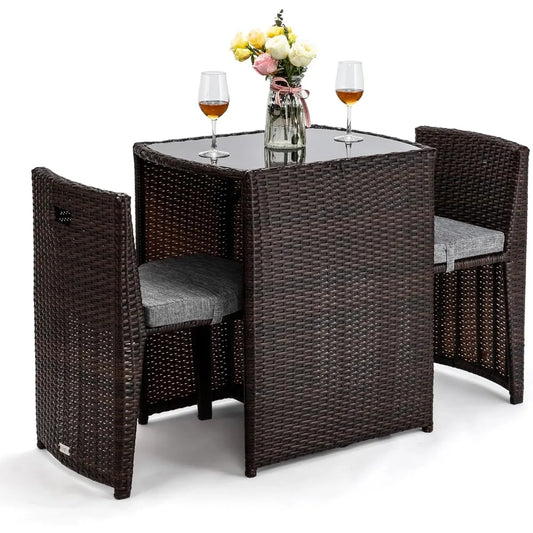 “3-Piece Wicker Patio Bistro Set – Outdoor Furniture with Glass Table & 2 Chairs for Balcony, Garden & Small Spaces”