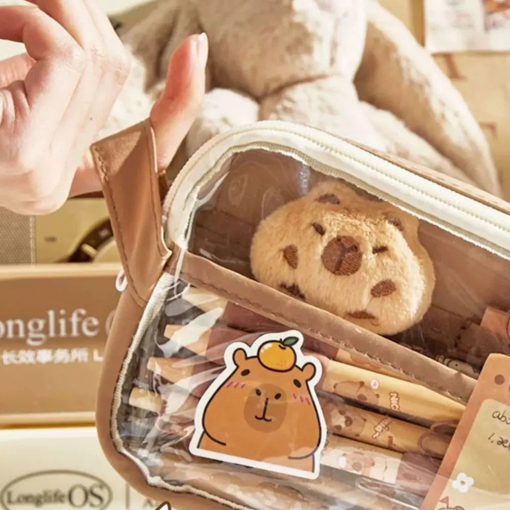 Sweet Capybara Pencil Case with Compartments – Clear Cartoon Stationery Pouch with Sticker Pendant