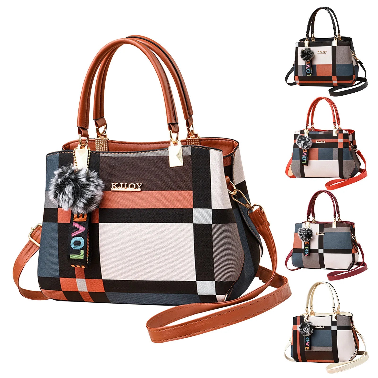 Elegant designer women’s handbag – PU leather crossbody messenger bag with top-handle tote design & fluffy keychain accessory
