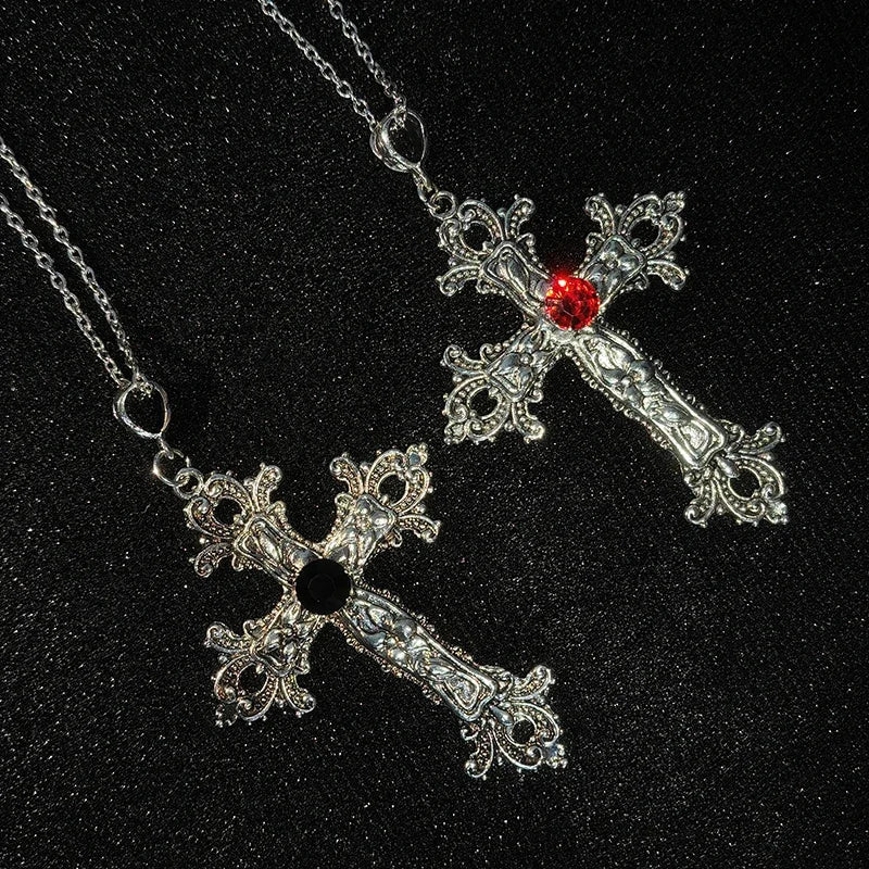 Gothic Zircon Cross Necklace – Unisex Y2K Large Pendant with Irregular Crystal Design for Men & Women