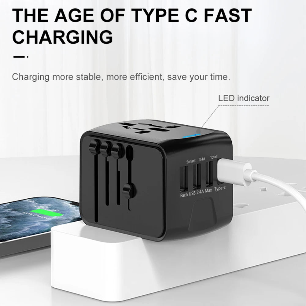 International Travel Power Plug Adapter – Portable Charger with 3 USB & 1 Type-C Ports for USA, EU, UK & AU