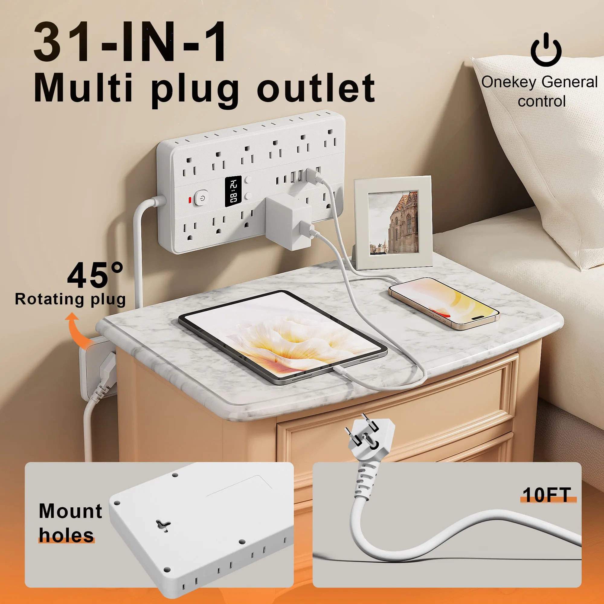 31-in-1 Multifunctional Power Socket – 3-Sided Power Strip with Time Display, 24 AC Outlets, 6 USB Ports & 2 USB-C Fast Charging Ports