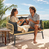 “Outdoor Loveseat Patio Wicker Furniture – Black Rattan Couch with Cushion & Adjustable Feet for Garden, Balcony & Porch”