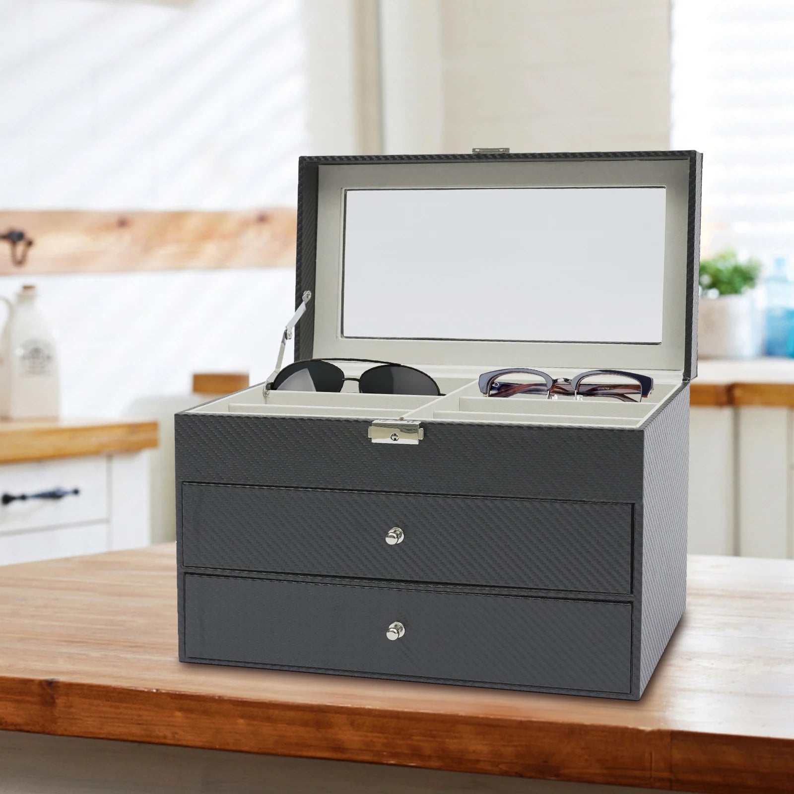 3-Tier Eyeglasses Storage Box – Drawer Style Sunglasses Organizer with 18 Individual Compartments