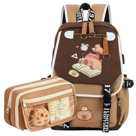 Capybara Flap Backpack with Pencil Case – Cute Nylon Animal Daypack for Teens