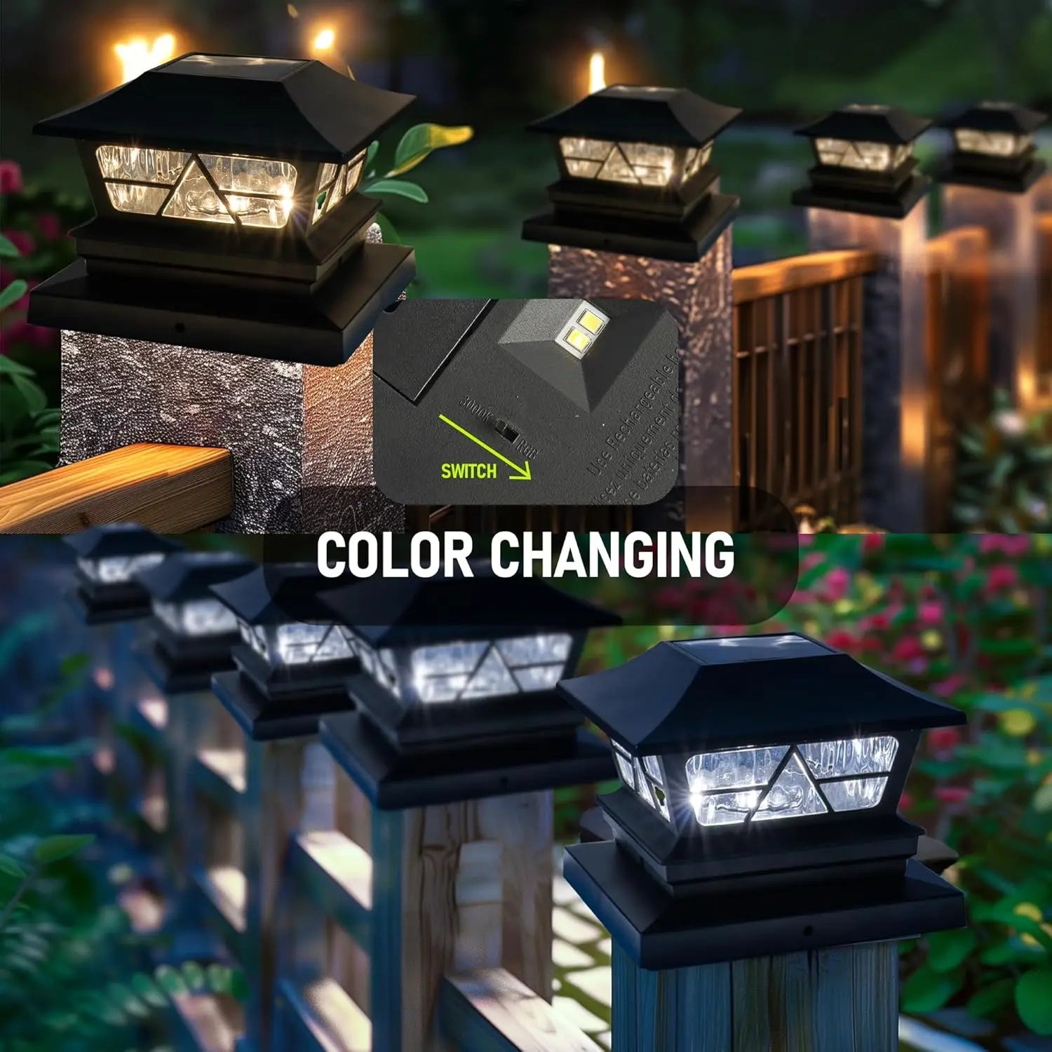 4-Pack Solar Fence Post Lights – Dual-Mode Waterproof Color-Changing Lights (Warm & Cool White) for 4x4 / 5x5 / 6x6 Wooden Posts