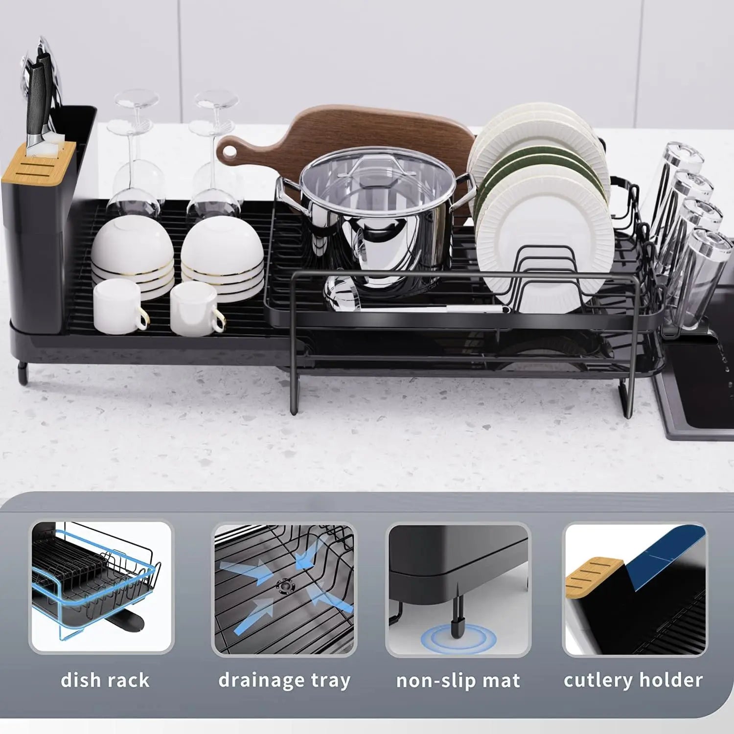 Large Dish Drying Rack with Drainboard Set – Expandable Dish Drainer with Utensil & Cup Holder | Adjustable Kitchen Organizer