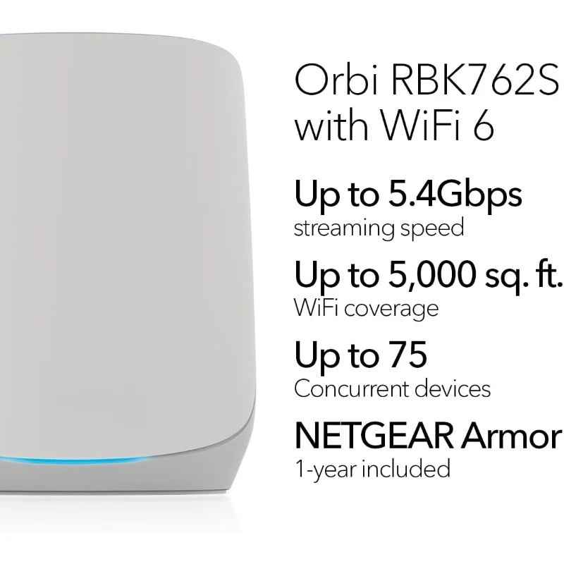 Netgear Orbi RBK762S Tri-Band Wi-Fi 6 Mesh System – 5.4 Gbps AX5400, Covers Up to 5000 sq ft, Supports 75+ Devices