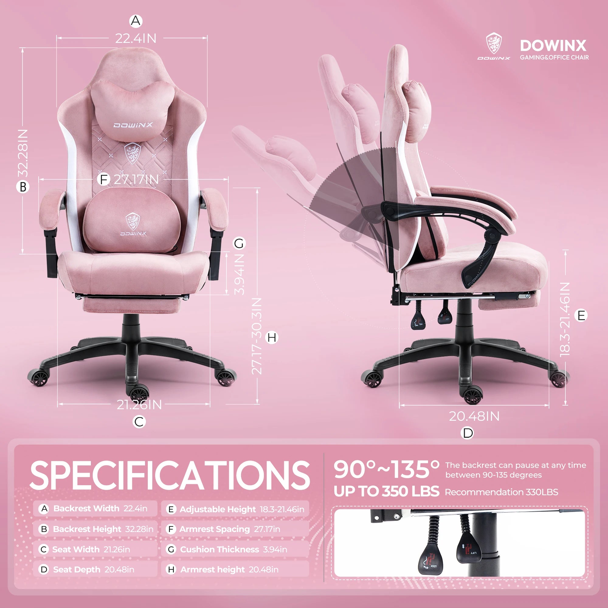Dowinx Gaming Chair – Heated Massage Lumbar Support, Breathable Fabric Office Chair with Pocket Spring Cushion & Retractable Footrest