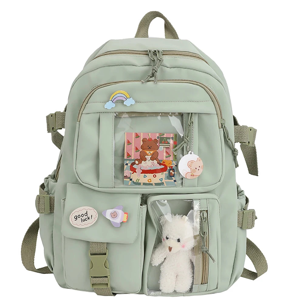 Cute Women’s Large-Capacity Backpack – Preppy Multi-Pocket Nylon Schoolbag | Student Travel Daypack