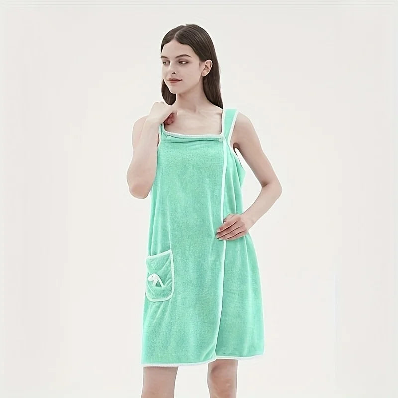 Wearable Coral Velvet Bath Towel – Soft Quick-Dry Bath Dress with Pockets & Bow Design | Absorbent Spa Robe for Women