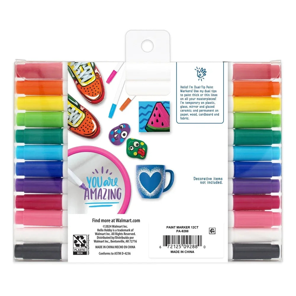 Acrylic Paint Markers – 12-Count Dual Tip Fine & Brush Pens for Glass, Wood, Fabric & Rock Painting 🎨
