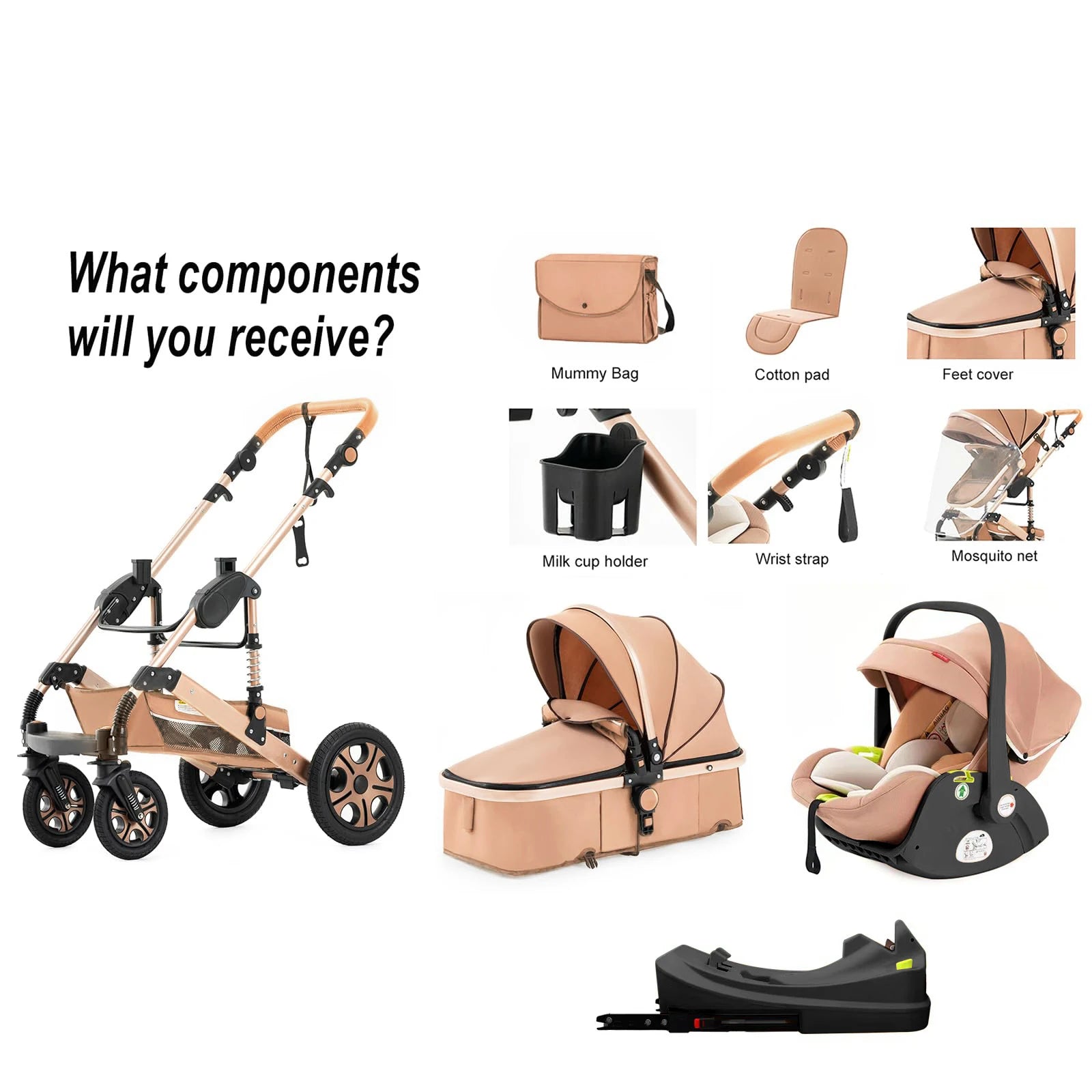 3-in-1 Baby Travel System – Stroller + Isofix Base + Reversible Pram for Newborn to Toddler
