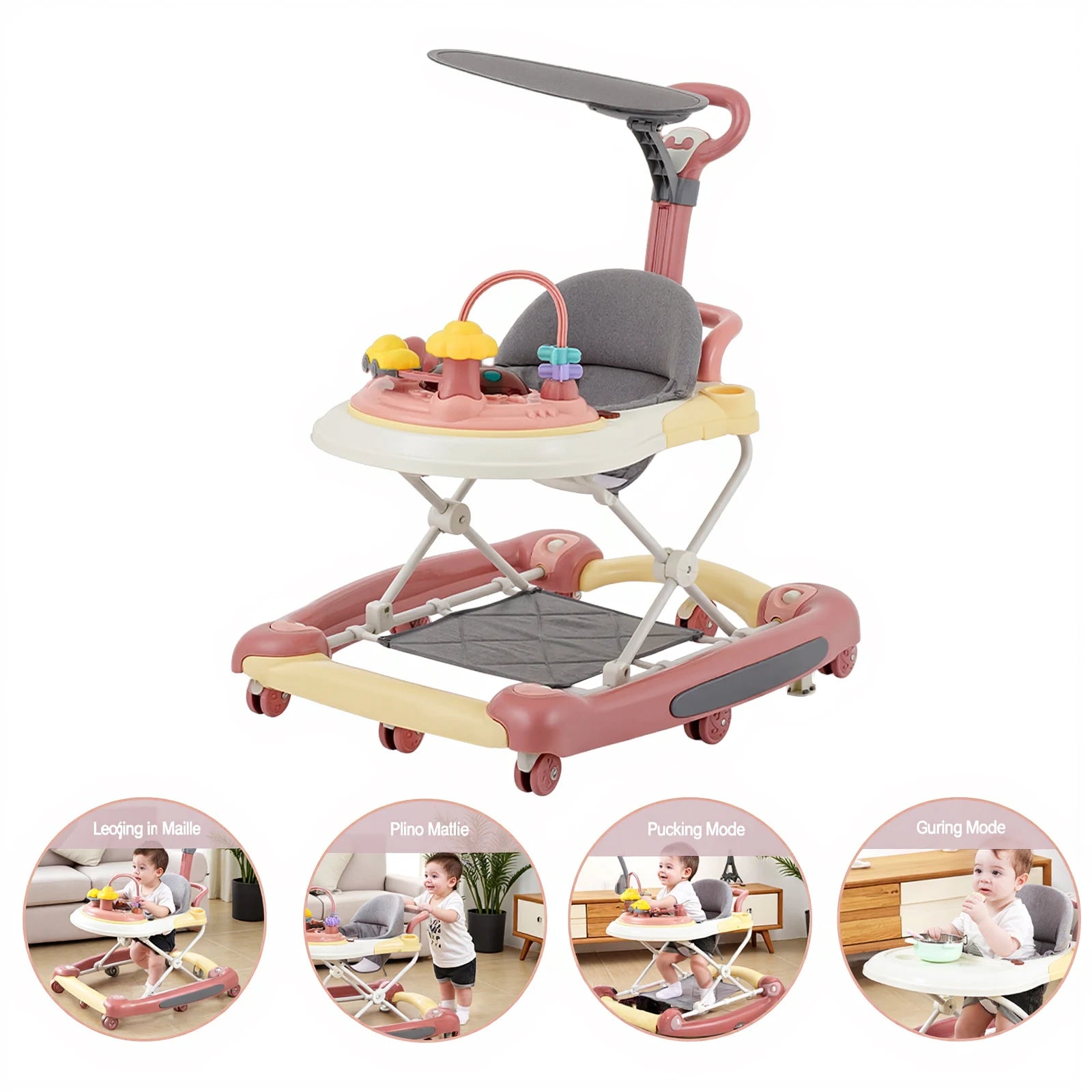 5-in-1 Foldable Baby Walker with Wheels – Detachable Push Handle, Activity Center, Food Tray & Sunshade for 6–24 Months