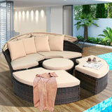 5-Piece Outdoor Patio Daybed with Retractable Canopy – Round Wicker Rattan Sectional Sofa Set