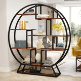 63" Industrial Round Bookshelf – Tribesigns Wood & Metal Bookcase with Staggered Display Shelves