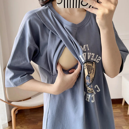 Women’s Cotton Maternity Dress – Loose Summer Pregnancy Outfit with Nursing Access, Casual Breastfeeding Clothes