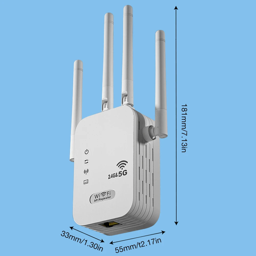 1200Mbps Dual Band WiFi Repeater – 4-Antenna Network Extender with LAN & WAN Ports for Home and Office Coverage