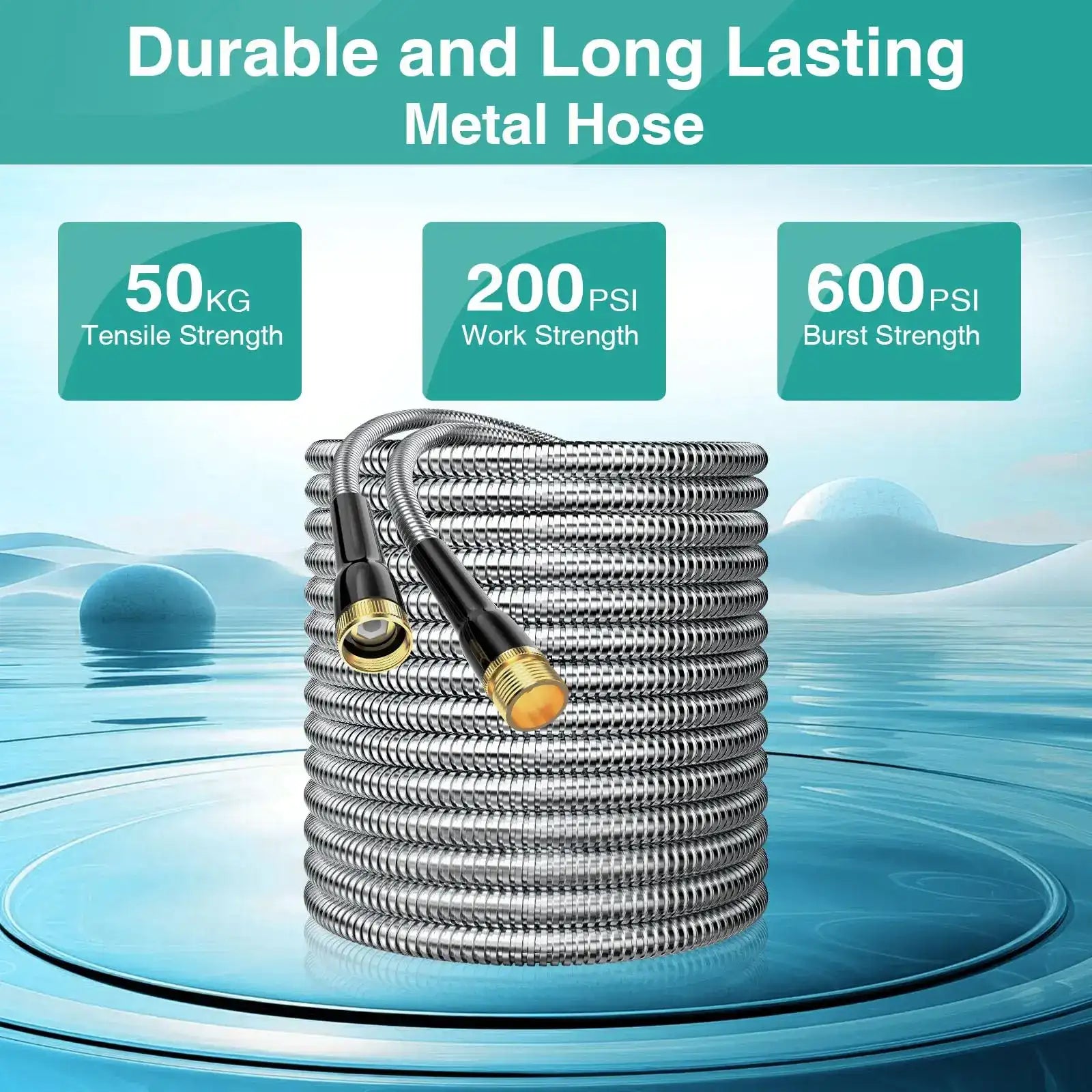 LEFRE Metal Garden Hose 25-100 ft – Leak-Proof Stainless Steel Water Hose with Spray Nozzle & ¾-in Fittings