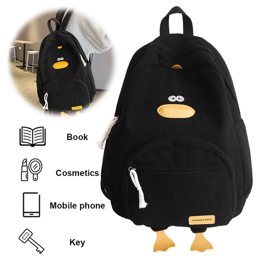 Corduroy Duck Cartoon Backpack – Large Capacity School Bag with Adjustable Straps