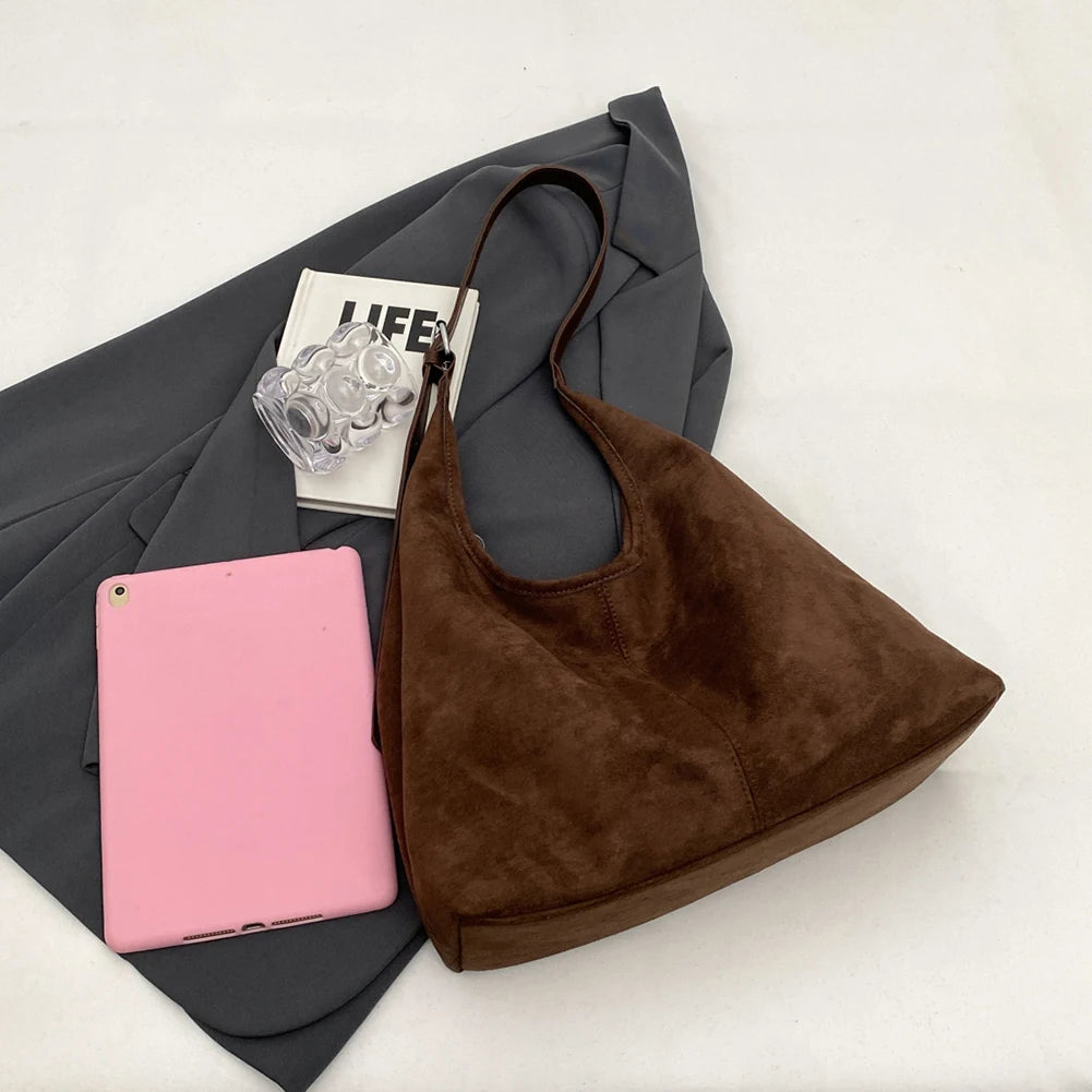 Women’s Suede Shoulder Crossbody Bag – Large-Capacity Vintage Tote Satchel with Adjustable Strap, Solid Color Casual Purse
