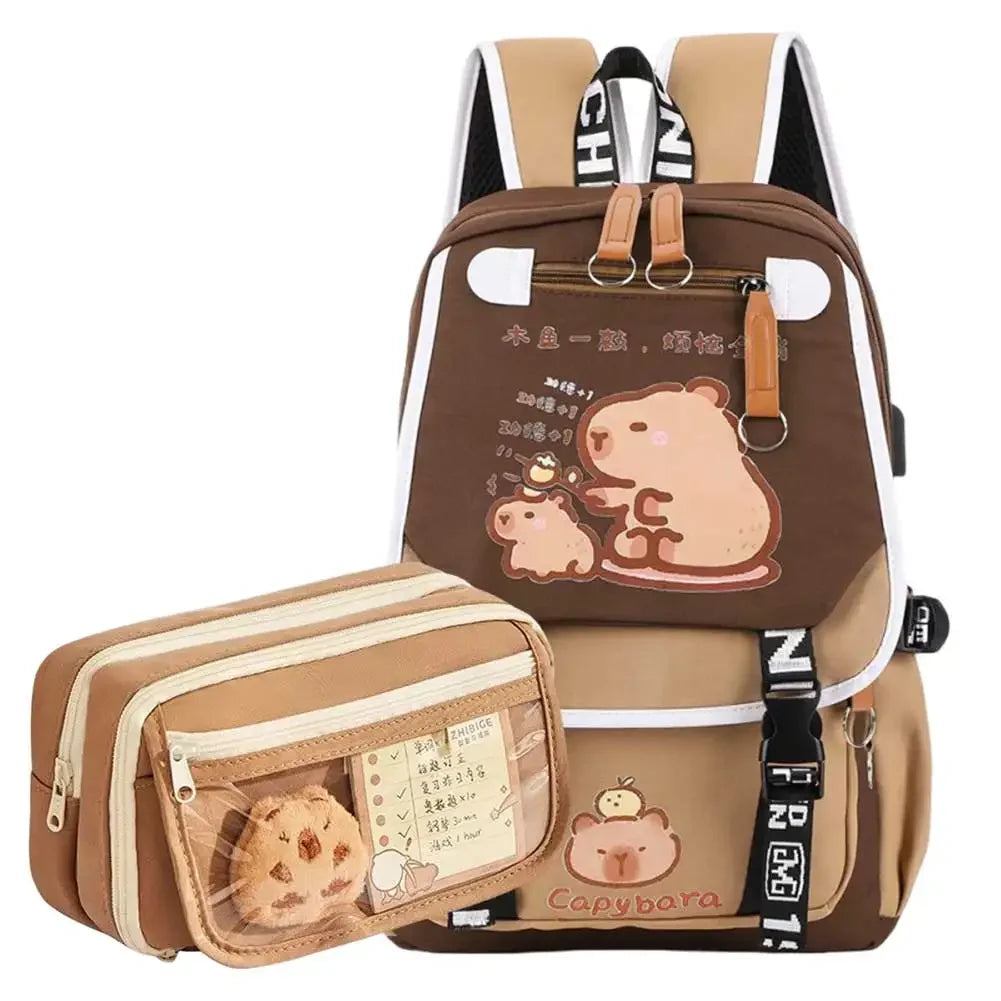 Capybara Flap Backpack with Pencil Case – Cute Nylon Animal Daypack for Teens