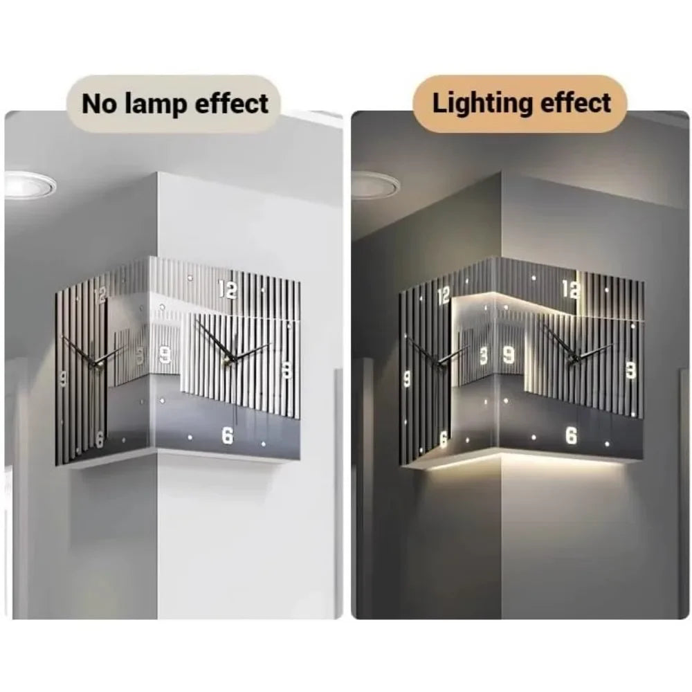 Luxury LED Corner Wall Clock with Light – Double-Sided Luminous Sensor Clock with Numeral Scale & Gold Modern Design