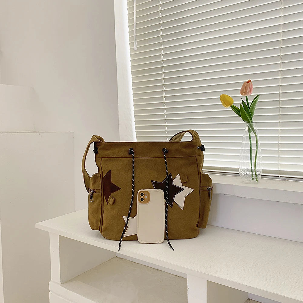 Women’s Cute Crossbody Bag 🎒 – Large Capacity Canvas Shoulder Bag with Star Applique, Y2K Street Style for Teens & Students ✨