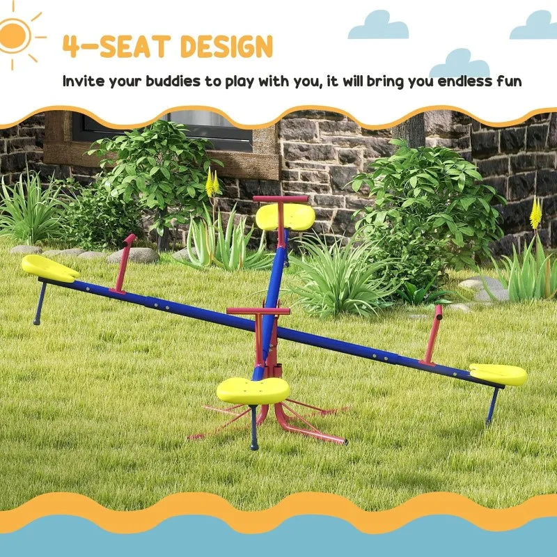 Outsunny 360° Swivel Kids Seesaw – 4-Seater Teeter-Totter for Backyard (Ages 3-8)