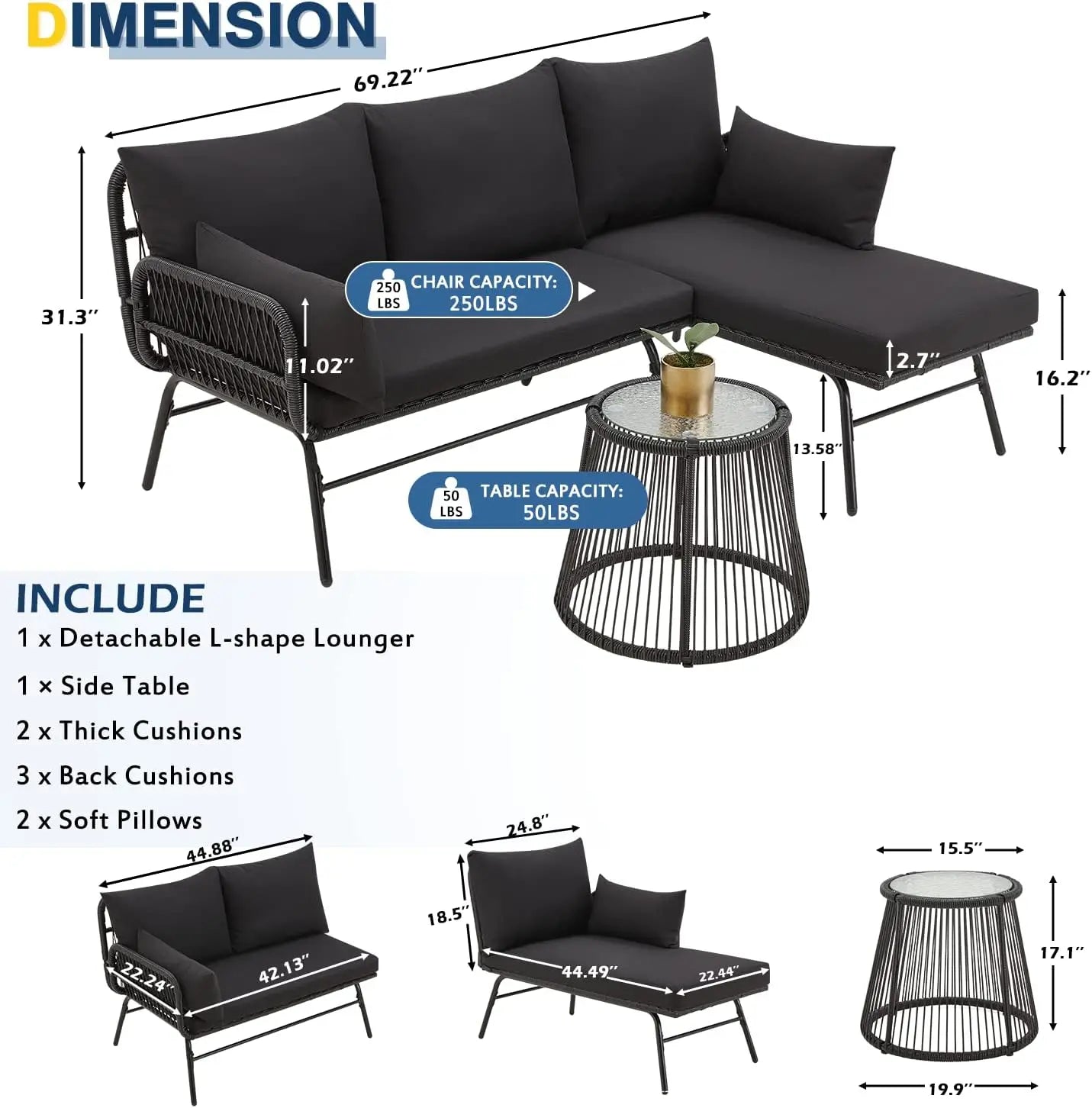 “3-Piece Patio Conversation Set – L-Shaped Sectional Sofa with Thick Cushions & Toughened Glass Coffee Table for Outdoor Living”