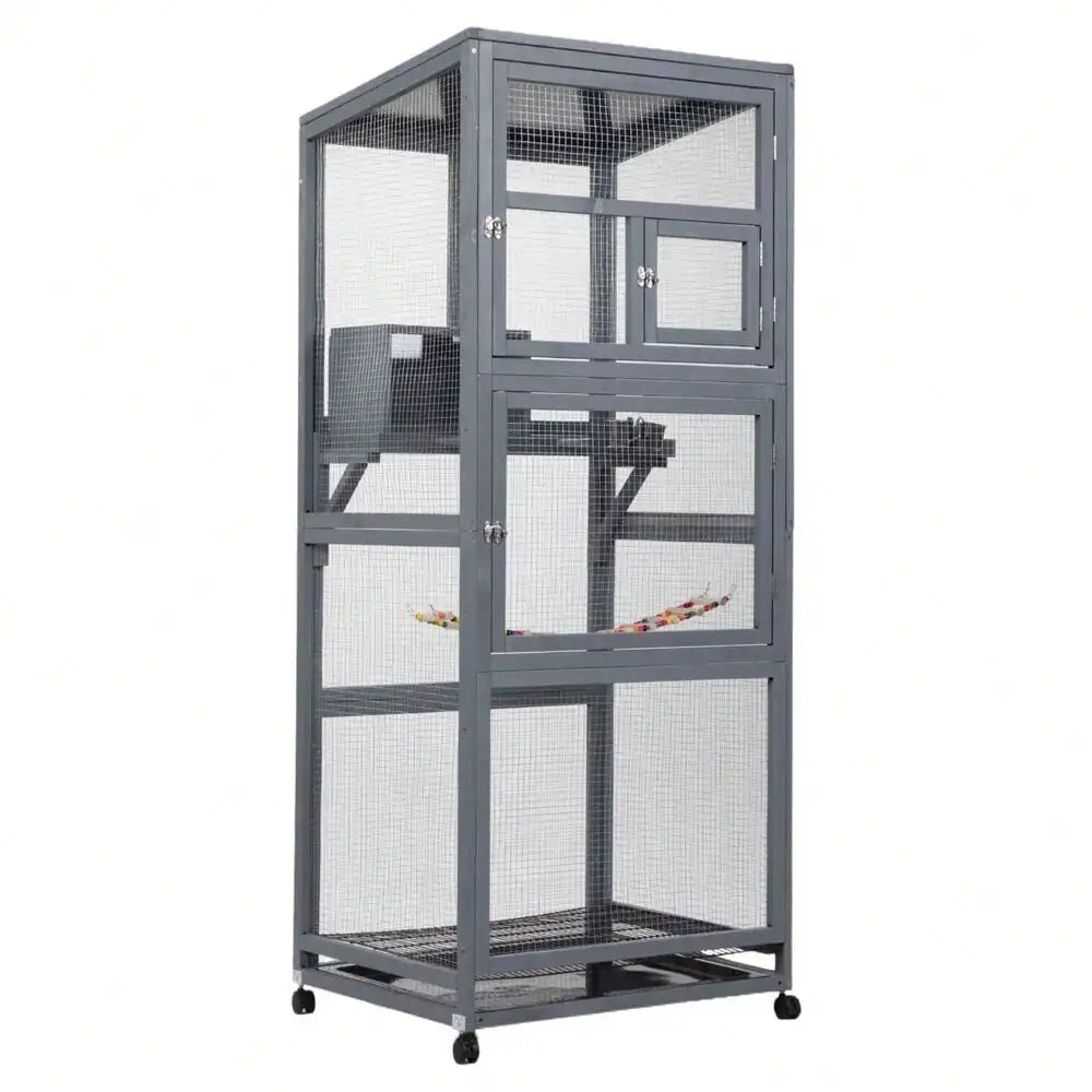 68" Large Wooden Bird Cage Aviary – Outdoor Bird House on Wheels with Pull-Out Tray for Easy Cleaning