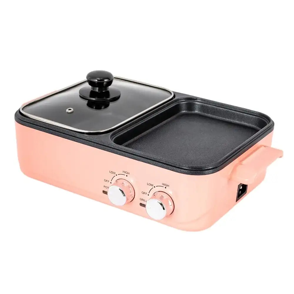 2‑in‑1 Electric Hot Pot & Grill Multifunction Nonstick: Pink Indoor Hot Pot with Grill, Dual Temperature Control