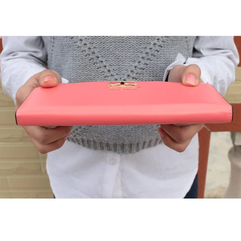 Women’s PU Leather Long Wallet – Cute Bowknot Clutch with Zipper, Multi-Card Slots, Coin Purse & Phone Holder
