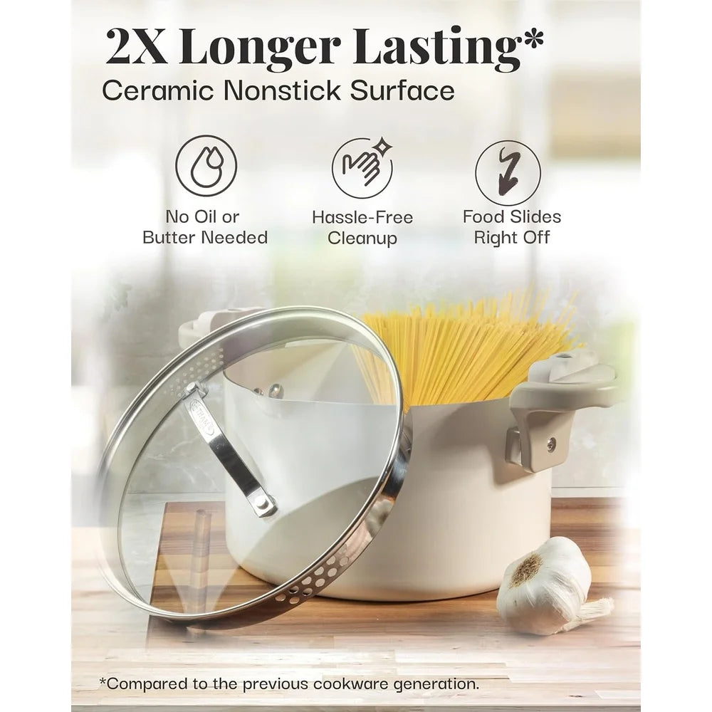 5-Quart Nonstick Ceramic Stock Pot with Glass Lid – Twist Lock Handles & Strainer for Easy Cooking 🍲✨