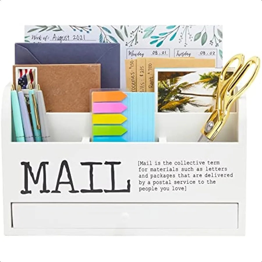 White Wooden 3-Tier Desktop Mail Organizer with Drawer – Wall-Mounted & Countertop File Holder