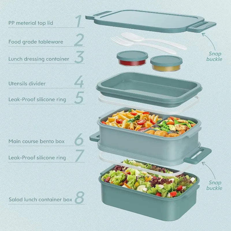 72 oz 3-Layer Stackable Leak-Proof Bento Box – Large Capacity All-in-One Lunch Container with Utensil & Sauce Containers (Green)