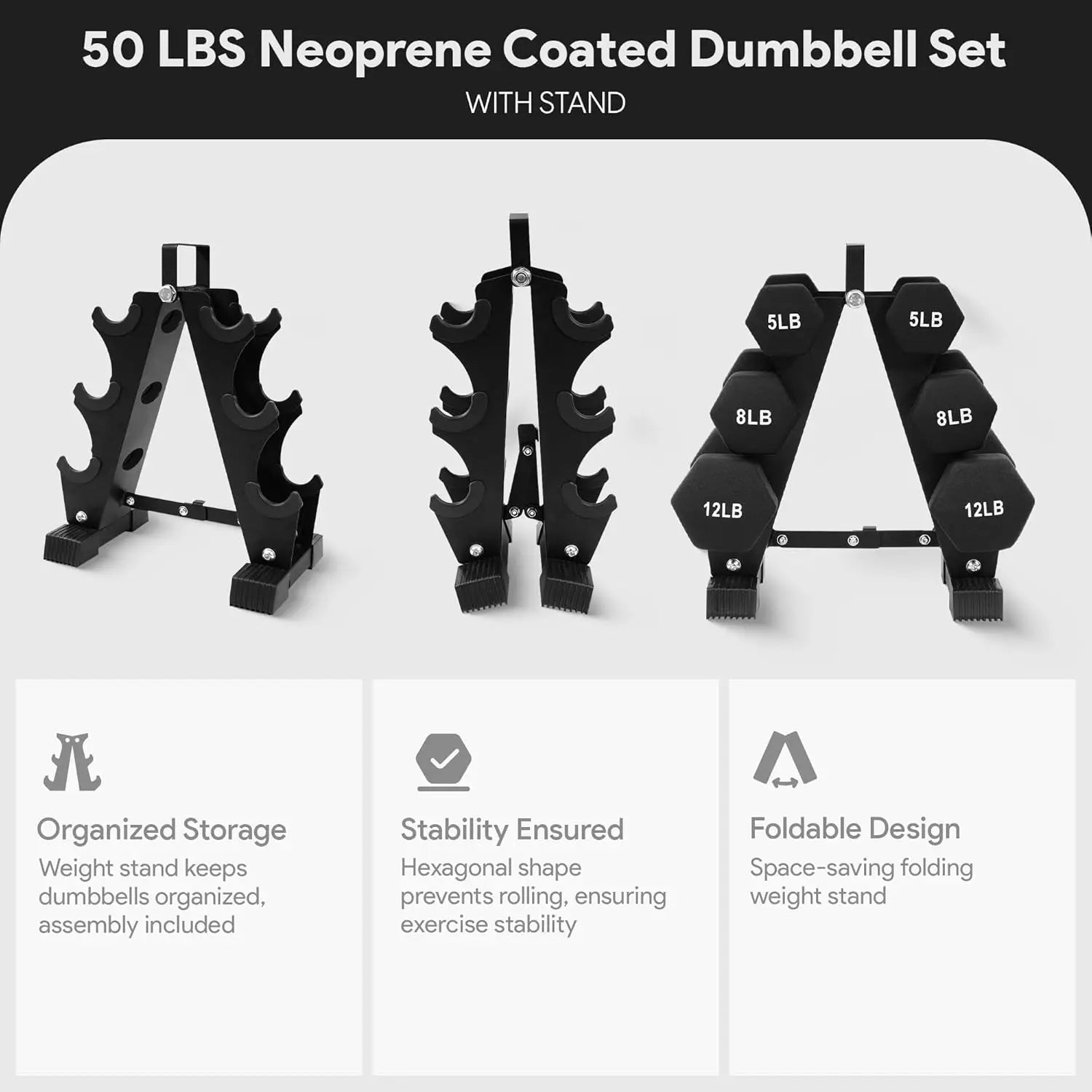 50LB Neoprene Dumbbell Set with Stand – 3 Pairs of Anti-Slip Hand Weights for Home Gym (Black)
