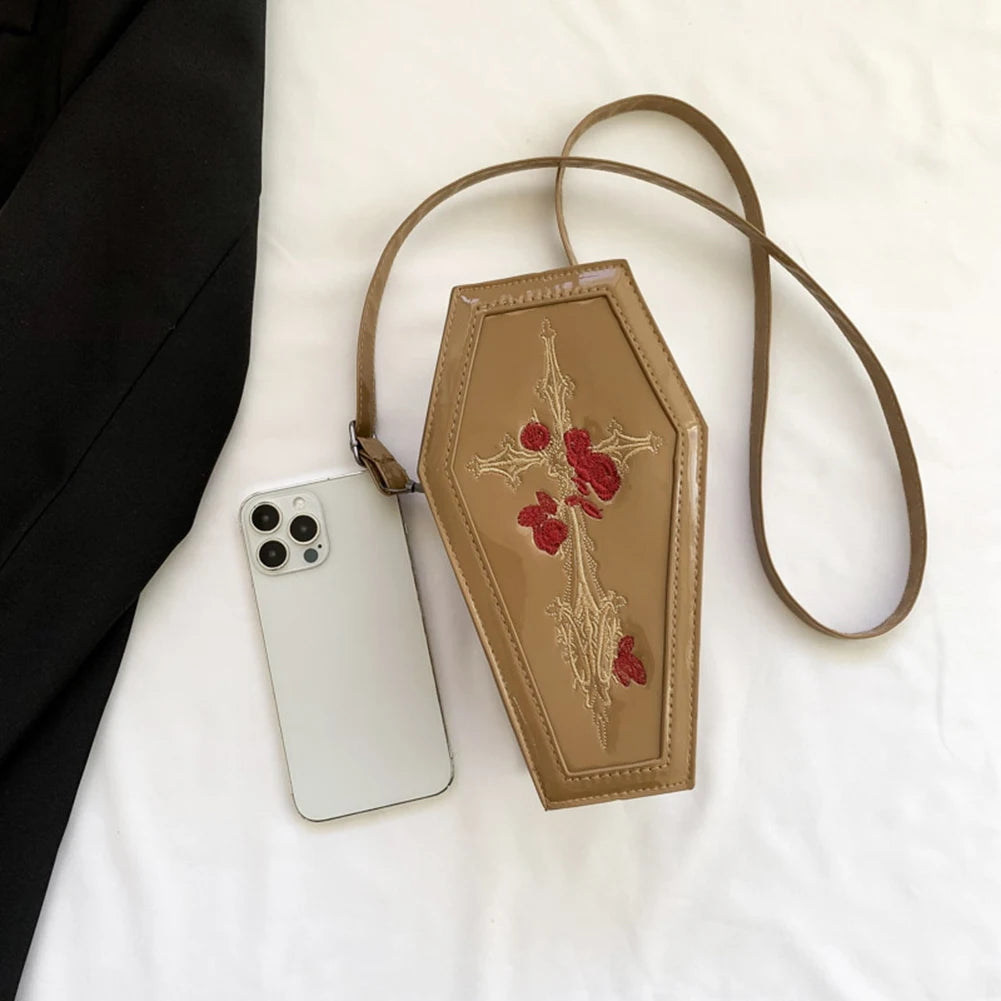 Women’s Coffin Satchel Cartoon Gothic Crossbody Bag – Rose Print Y2K Cellphone Pouch