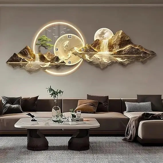 Modern 3D LED Wall Clock – Mountain View Decorative Wall Art Clock for Living Room, Bedroom & Office