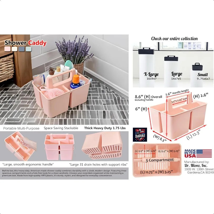 Shower Caddy & Organizer with Handle – 3-Compartment Portable Storage Bin for Bathroom, Dorm & Gym