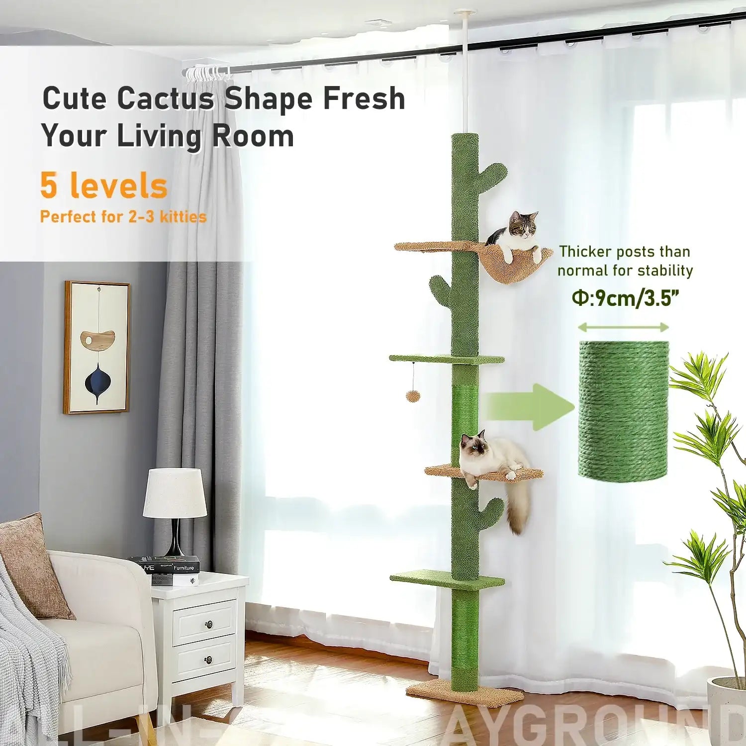 5-Tier Floor-to-Ceiling Cat Tree Tower – Tall Cactus Design with Scratching Posts, Hammock & Play Ball for Indoor Cats”