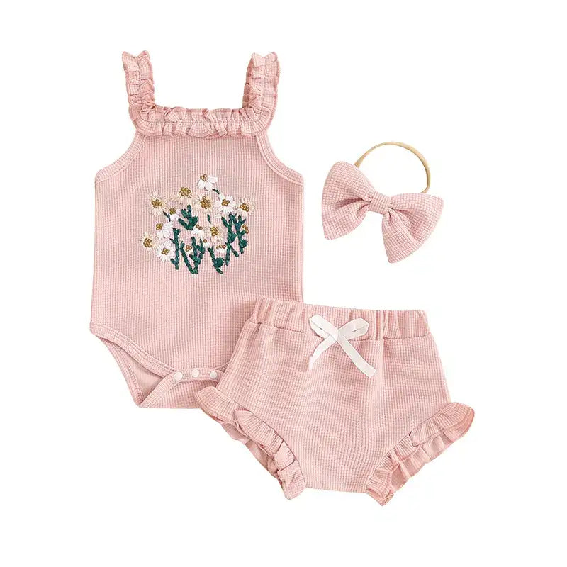 Waffle-Flower Embroidered Sleeveless Romper Set for Baby Girls – Shorts & Headband Included