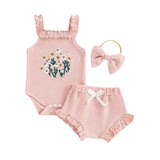 Waffle-Flower Embroidered Sleeveless Romper Set for Baby Girls – Shorts & Headband Included