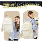 Girls Aesthetic Backpack for School & College – Cute Beige Bookbag with Accessories