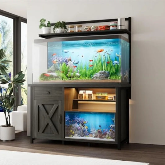 55–75 Gallon Heavy-Duty Fish Tank Stand with Power Outlet, LED Light & Storage Cabinet for Aquarium Accessories