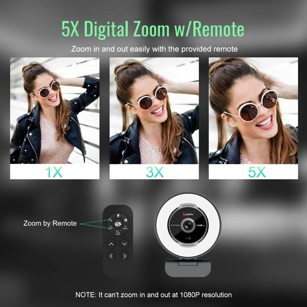 Streaming Webcam with Microphone – 1080p 60FPS USB HD Web Camera with Ring Light & Remote Control for Video Calls & Gaming