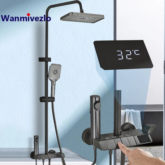 Grey Smart Digital Display Shower Faucet Set – Piano-Style Rainfall Bathroom System